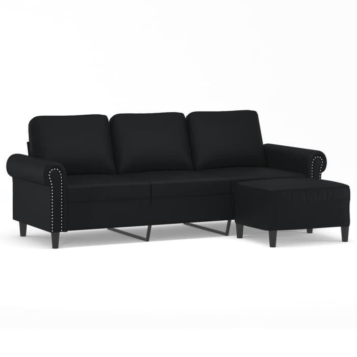 Canapé 3 Places Similicuir Noir Avec Repose-pieds - Dimensions 198x77x80 Cm - Structure Métal Et Contreplaqué - Assemblage Requis - 3