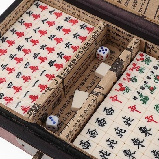 Mahjong Chinois Ensemble de 144 tuiles Marron Sac de transport Jeu de voyage Mahjong Chinois Ensemble de 144 tuiles Marron Sac de transport Jeu de voyage