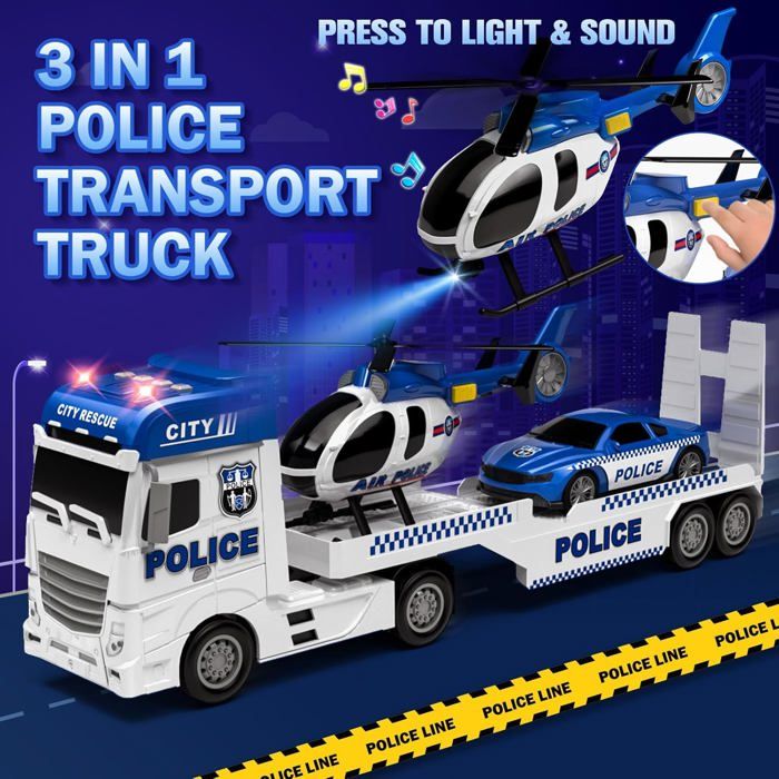 Tacobear – Camion De Police 3 En 1 Avec Hélicoptère Et Voiture – 65 Cm, Feux Et Sons – Cadeau Enfant 2 à 6 Ans