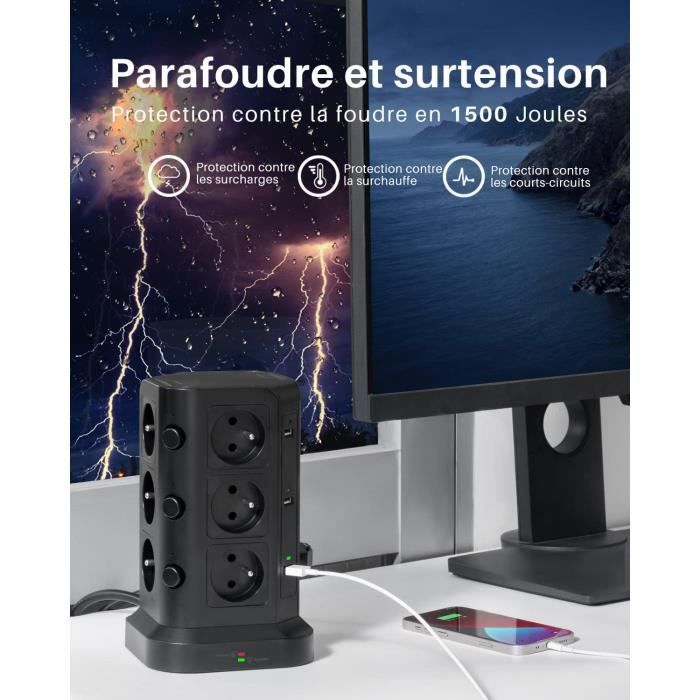 KOOSLA 12 Prises 2P+T de Type-E (France) Tour Multiprise avec 6 Ports  USB(4000W/16A), Multiprise Electrique parafoudre et surtension, 3  Interrupteur Individuel, 2M Cordon, Noir : : Bricolage