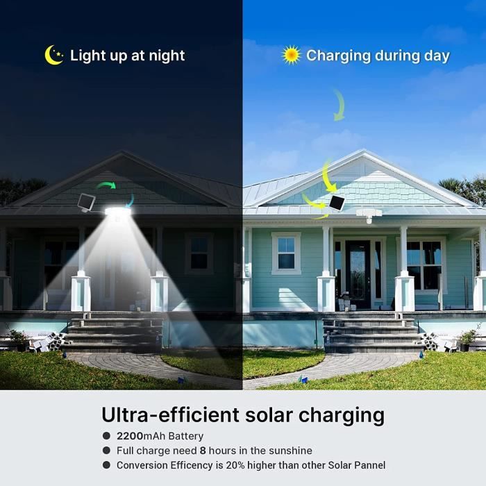 Lampe Solaire Extérieur Pxwaxpy 204 LED - 2000 LM - Détecteur Mouvement - IP65 - Câble 5 M - 3 Modes