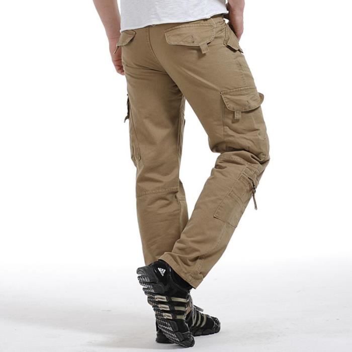 Pantalon Cargo Homme Militaire Multi poches Coupe Droite Pantalon de Travail Exterieur en Coton Couleur Unie