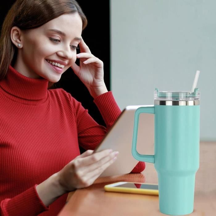 FOLAI Gobelet Isotherme 1180 Ml Avec Paille Et Poignée - Tasse Café Double Paroi Acier Inoxydable, Motif Floral, Chaud/Froid