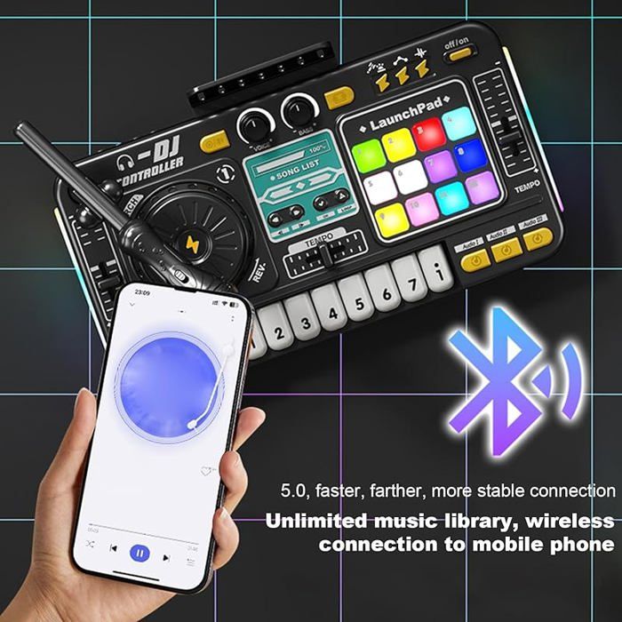Table De Mixage DJ Pour Enfants – Platines Avec 12 Pistes, Micro, Lumières, USB – Portable Et Interactif