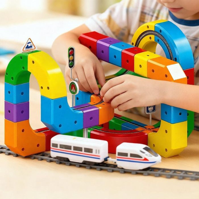 Piste De Train électrique Blocs De Construction En Bois Alphanumérique Cognitif En Boîte