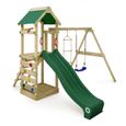 WICKEY Aire de jeux Portique bois FreeFlyer avec balançoire et toboggan vert Maison enfant extérieure avec bac à sable-0