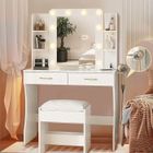 Coiffeuse avec Miroir LED et Tabouret - NHHF - 85x40x140 CM - 3 Modes D'éclairage - 2 Prises et 2 USB - 2 Tiroirs - 4 Étagères