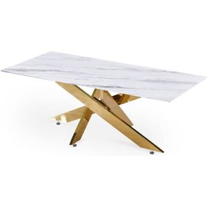 TABLE BASSE Table basse rectangulaire TELMA - Verre marbré et pieds dorés