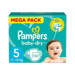COUCHE Pampers Couches Baby-Dry Taille 5 (11-16 kg), 102 Couches Bébé, Méga Pack, Jusqu'à 12h Bien Au Sec avec la Poche Stop & Protect