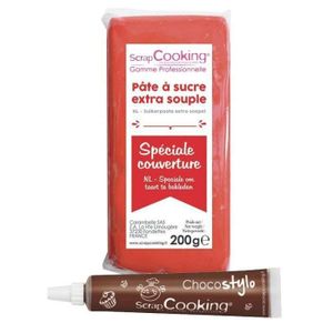 AIDE PÂTISSERIE Pâte à sucre de couverture rouge 200 g + Stylo chocolat