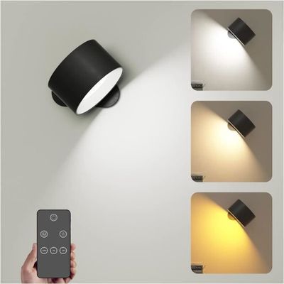 2 Appliques Murales LED Rechargeables - Rotatives 360° - Télécommande & Tactile - 3 Couleurs - HOTUT