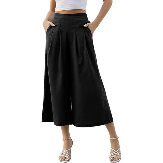 PASUDA Pantalon Femme Été Coton Lin 7/8 Fluide - Taille Haute Élastique, Large Décontracté Avec Poches, Léger Et Confortable