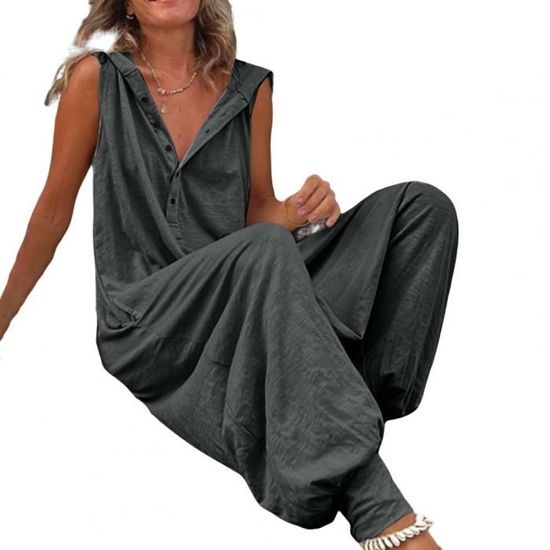 Salopette Longue Été Lin Femme - Élégante Décontractée Poches Generuses, Style Casual Chic (Bleu Denim, Noir, Vert Paon, Abricot)
