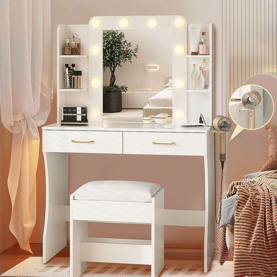 Coiffeuse Enfant Avec Tabouret Et éclairage LED - Bois - Dimensions 70x34x99 Cm - Neuf