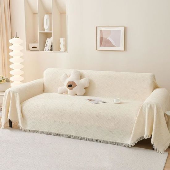 Plaid Canapé Chenille Jacquard WOBblo Grand Jeté 180x260cm - Beige Doux Et Décoratif