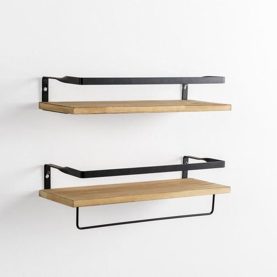 Uten Lot De 2 Étagères Murales Bois Moderne Avec Porte-Serviettes Et Crochets - Brun Clair 42x15x7.5 Cm