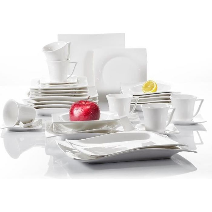 Vancasso Série LOLITA 32pcs Service de Table 6pcs pour Assiettes Plates, à Dessert, Creuse, Tasses à Café, Soucoupes, 2 Plats