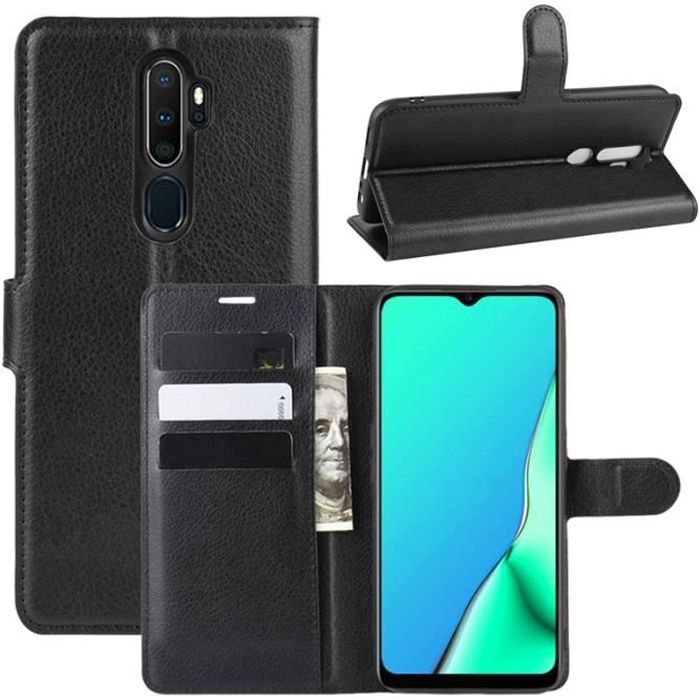 Coque OPPO A9 (2020), Antichoc avec Crédit Carte Fente Folio Cuir Coque Intérieur Silicone Protection, Noir