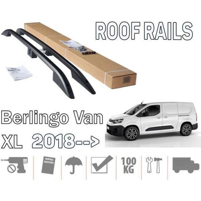 Barres de toit pour Citroen Berlingo III 09/2018> Van long (LWB) longitudinales noir alu + pieds plastique noir