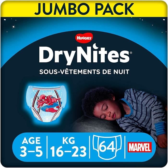 Huggies DryNites, Sous-vêtements de nuit absorbants jetables, Pour garçons, Taille : 3-5 ans, 64 culottes
