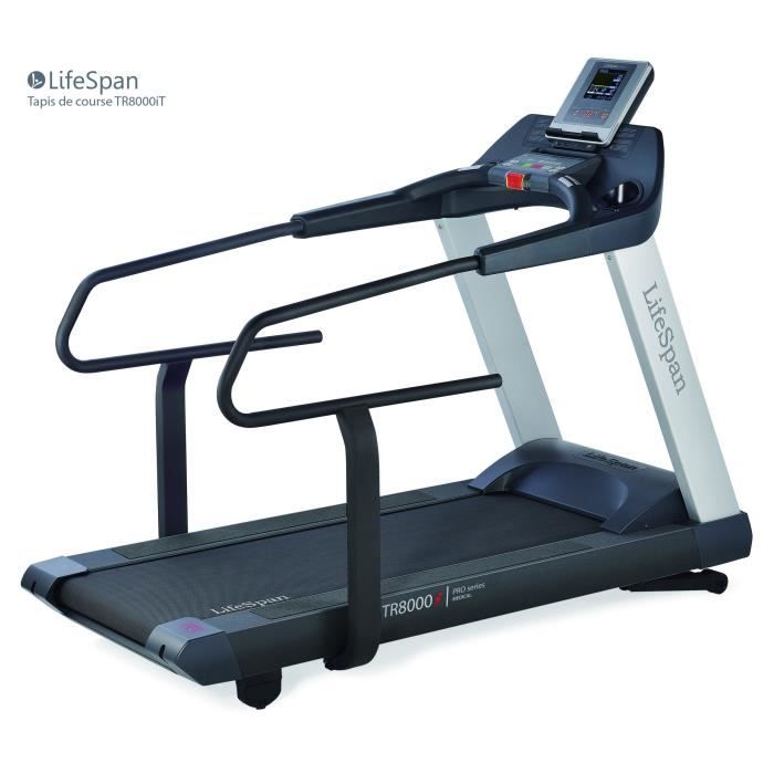 Tapis de course LifeSpan Fitness TR8000i avec grande surface de course 157 x 56 cm et accoudoirs pour physiothérapie et rééducation