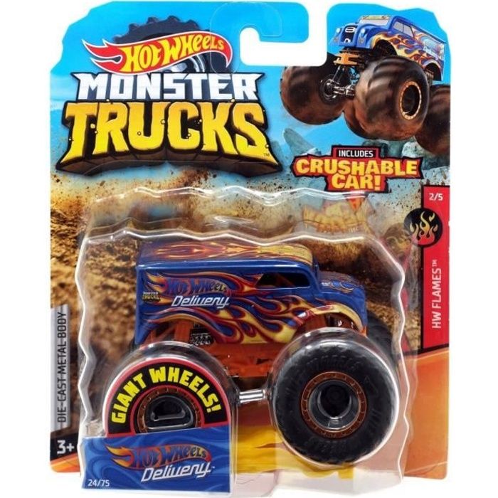 Coffret Monster Trucks HW Flames - Voiture hot wheels - Voiture Haul y'All Bleue et jaune - Véhicule Miniatures