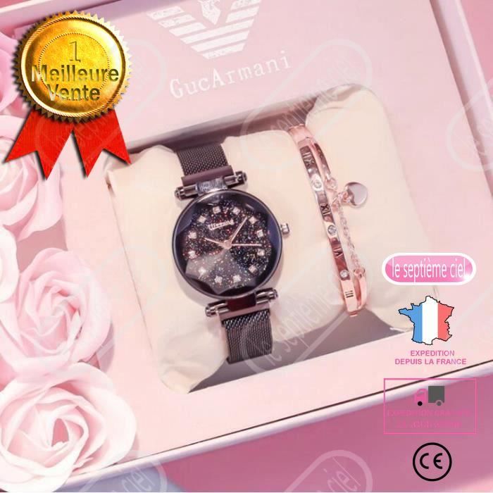 Coffret Cadeau Montre Femme ado fille Ciel étoilé Ceinture en maille à boucle magnétique Bracelet bijoux montre à quartz aiguilles