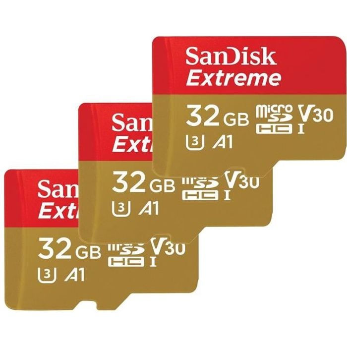 Lot de 3 Carte Mémoire Micro SDHC SanDisk Extreme 32 Go MicroSDHC Adaptateur SD 100 Mo/s Classe 10 U3 V30 A1