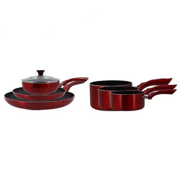 TheKitchenette Lot de 3 Casseroles, 2 Poèles et 1 Sauteuse - Rouge - Aluminium - Tous feux dont induction