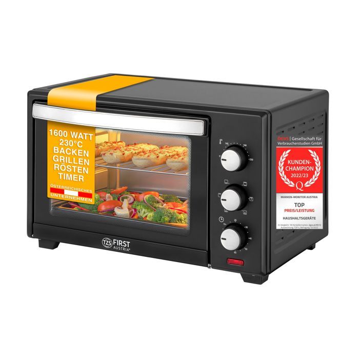 TZS First Austria Four Electrique Noir 30L 1600W Four de Bureau avec Minuteur Minifour avec Convection Eléments Chauffants