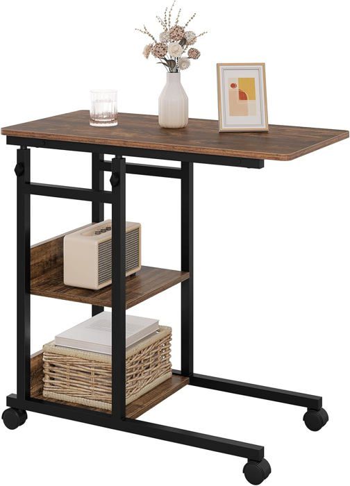 WOLTU Table Basse en Forme de C Table dAppoint avec roulettes Bout de Canapé Hauteur Réglable Marron Rustique+Noir W0ATT0299