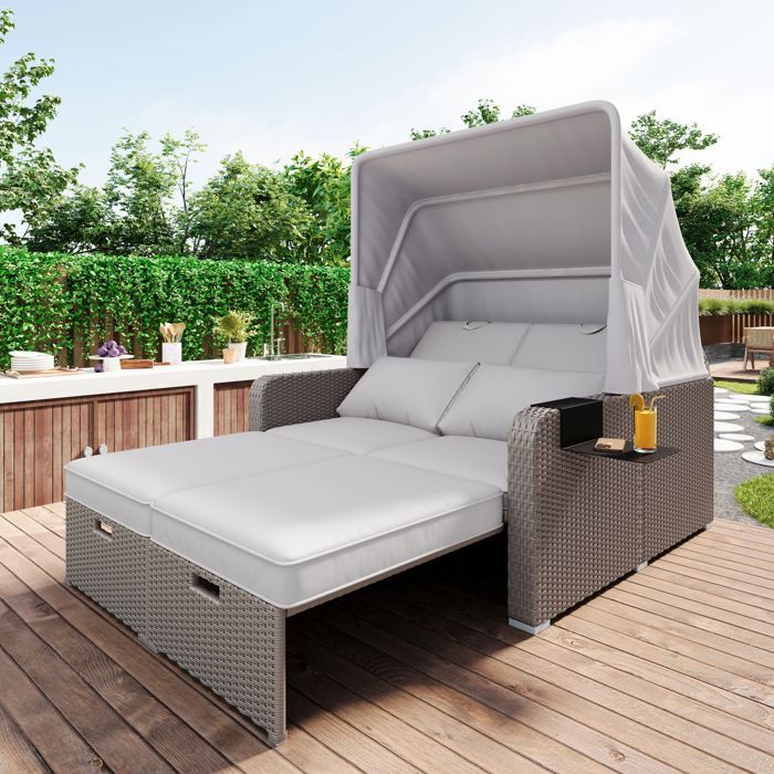 salon de jardin canapé-lit de jardin modulable 2 places,inclinable,pare-soleil pliable,grand conforts coffre de rangement,gris