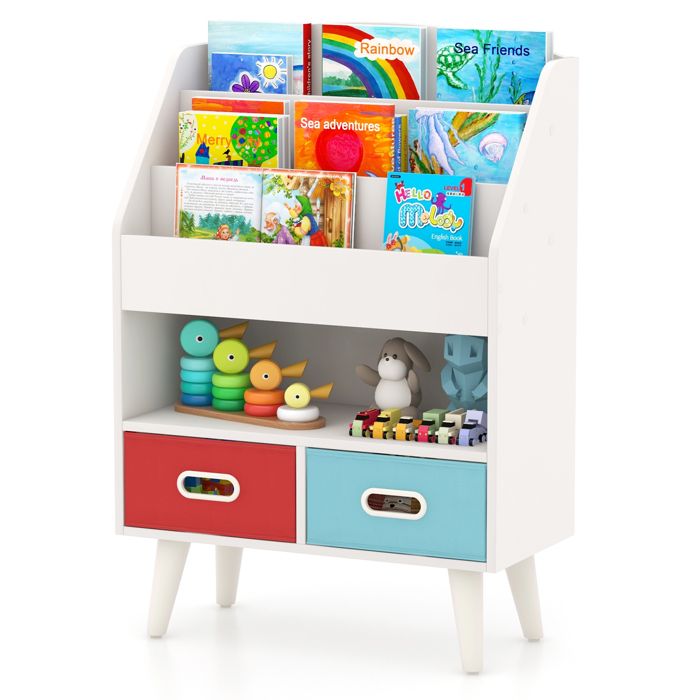 COSTWAY Petit Bibliothèque pour Enfants à 3 Niveaux Compartiment Ouvert 2 Tiroirs Pliables en Tissu Kits Anti-basculement Blanc