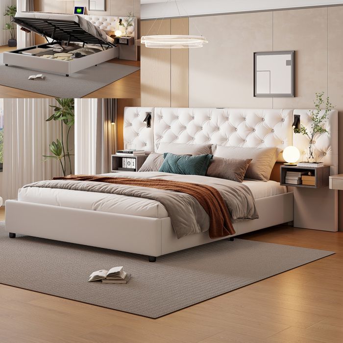 Lit coffre 140x200 avec lampe de lectureet lit 140x200 avec tiroir de chevet lit adulte 140x200  tissu en velours beige
