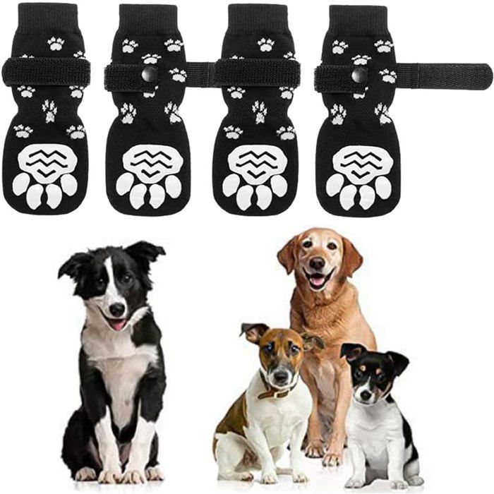 Meilleurs prix pour Lot de 4 chaussettes antidérapantes pour chien - Protection des pattes réglable (15 x 5 cm noir)
