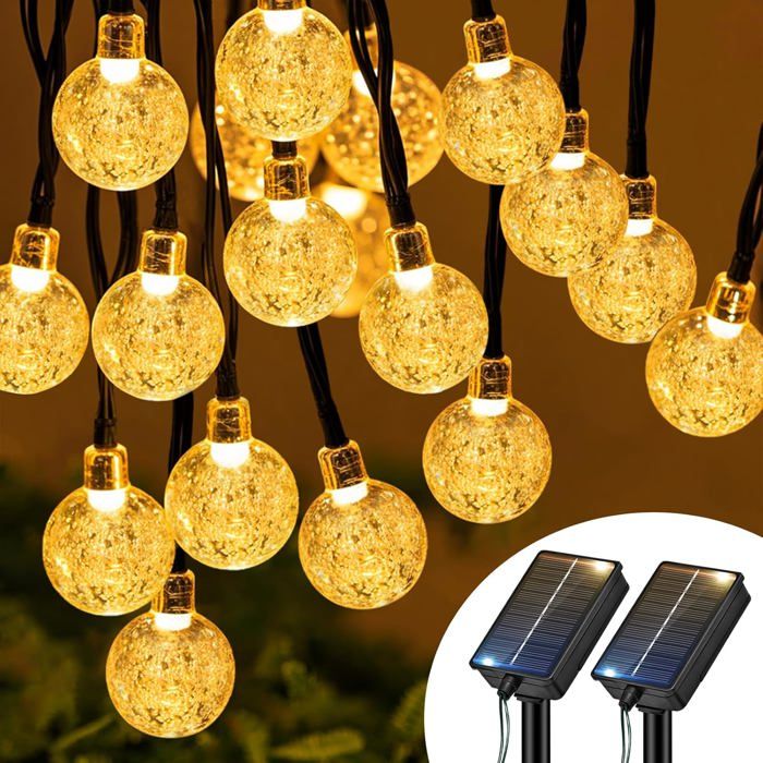 Guirlande lumineuse solaire dextérieur - PZCC - 10 m 30 LED - 30 boules cristal 2 cm - IP65 étanche - 8 modes