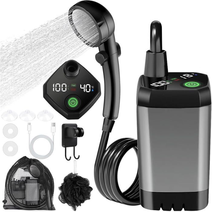 MZJAUVF Camping Shower Portable Shower Rechargeable Electric Shower Pump 6000 mAh Shower Head with Smart Display 4 Modes