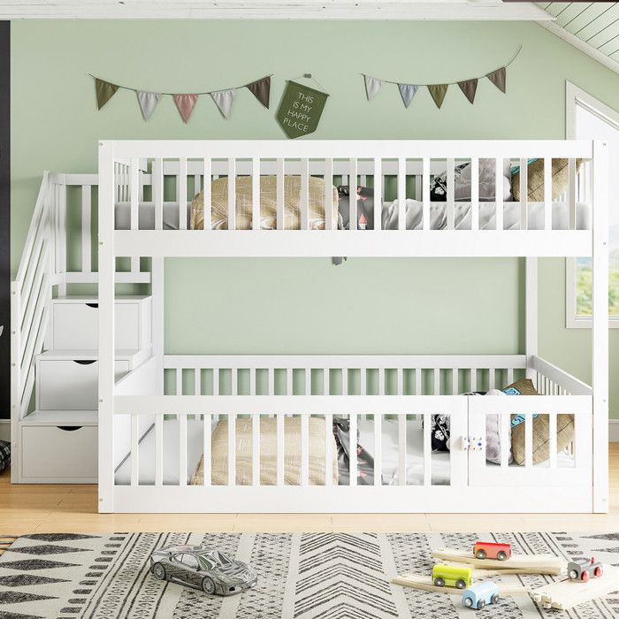 Lit superposé 140x200 cm avec tiroirs et escalier de sécurité Lit enfant avec rangement Lit 2 personnes en bois Gris