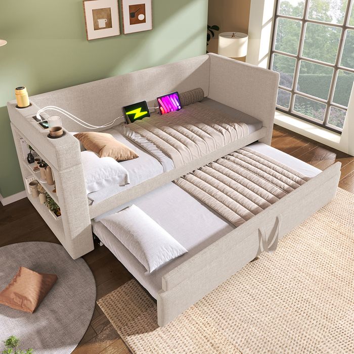 Lit rembourré 90 x 190 cm – canapé‑lit 1 place avec lit gigogne station de recharge USB/Type‑C beige (sans matelas)