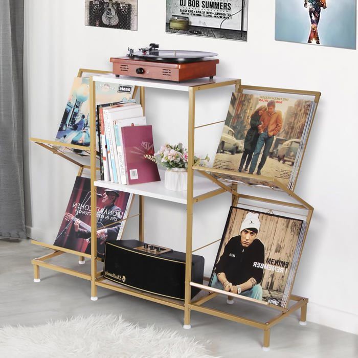 Meuble Platine Vinyle Tourne Disque Support Or Blanc avec Rangement à 4 Niveaux