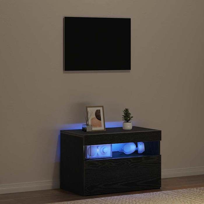 Table de chevet chêne noir - WIENS - 60x35x40 cm - Bois dingénierie - Étagère intégrée - Éclairage LED - Noir