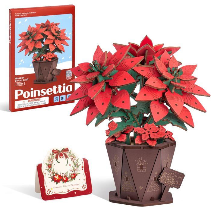 ROWOOD Puzzle 3D Fleur En Bois – Camélia Rouge, Kit Assemblage Créatif, Bouquet Artificiel Personnalisable Avec Carte Vœux