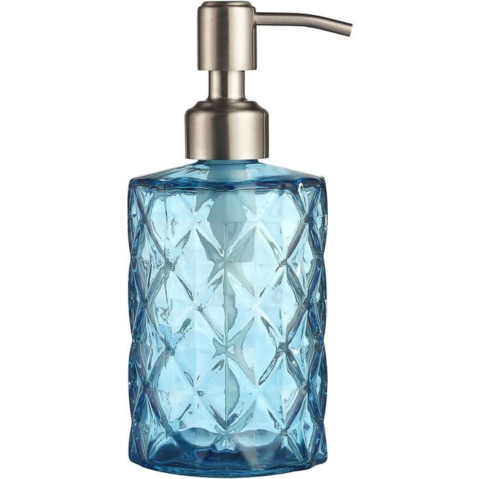 Distributeurs savon verre rechargeables 330 ml buse inox vaisselle/lotions usage cuisine/bain/buanderie bleu