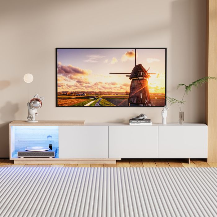 Meuble TV blanc - 240x38x44 cm - Trois tiroirs + éclairage LED - Design moderne