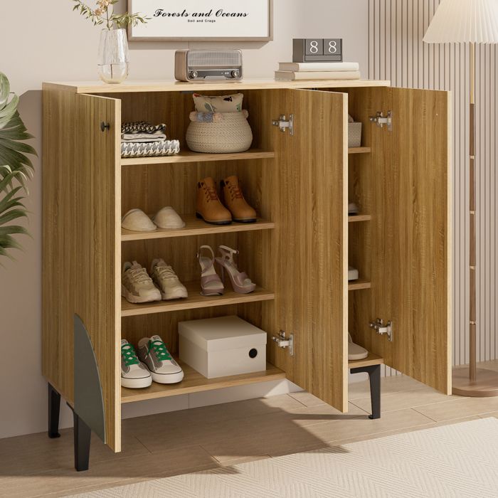 Meuble à chaussures 3 portes. console d’entrée avec pieds PVC. design à lignes bois. 90×32×94 cm. coloris naturel