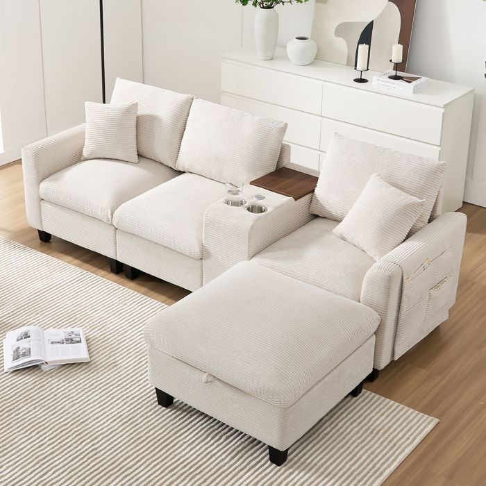 HOMVRA Canapé dangle en L 229x149.5x83 cm avec console centrale USB et porte gobelets en velours côtelé beige