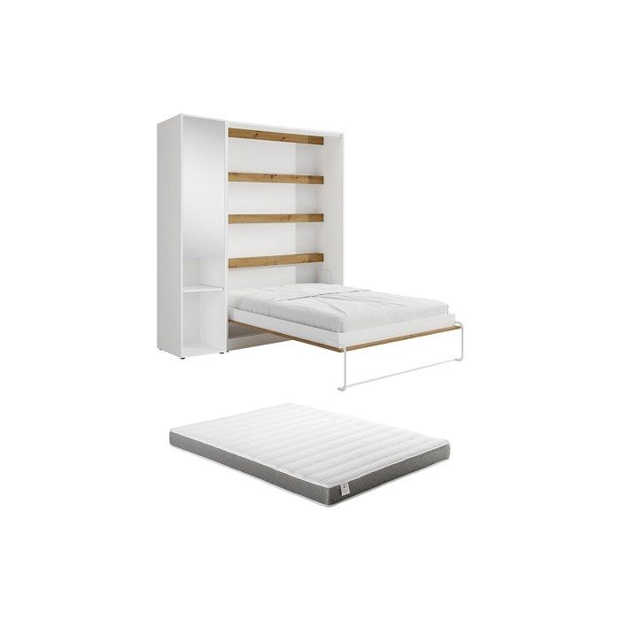Lit escamotable vertical 160 x 200 cm - 1 colonne de rangement - Avec miroir et LEDs - Blanc et naturel + Matelas - RAPILI