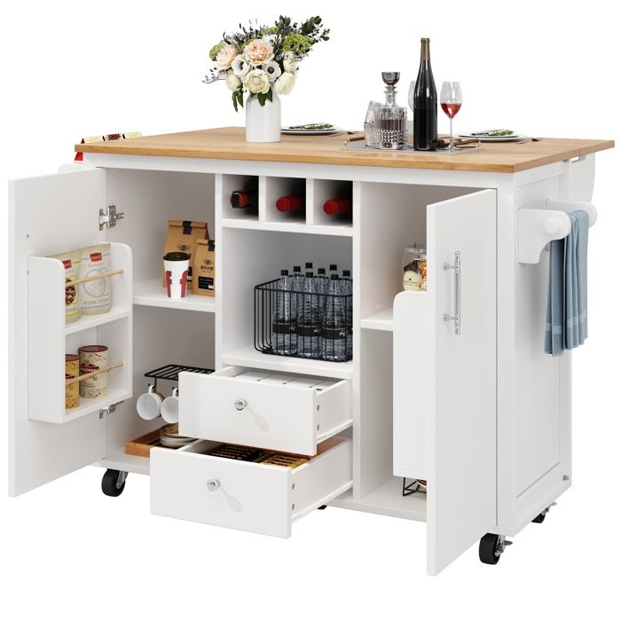 Îlot de Cuisine MobileAvec 2 tiroirs et PortesBuffet Mobile avec table Extensible120 x 73 (45) x 92 cmBlanc
