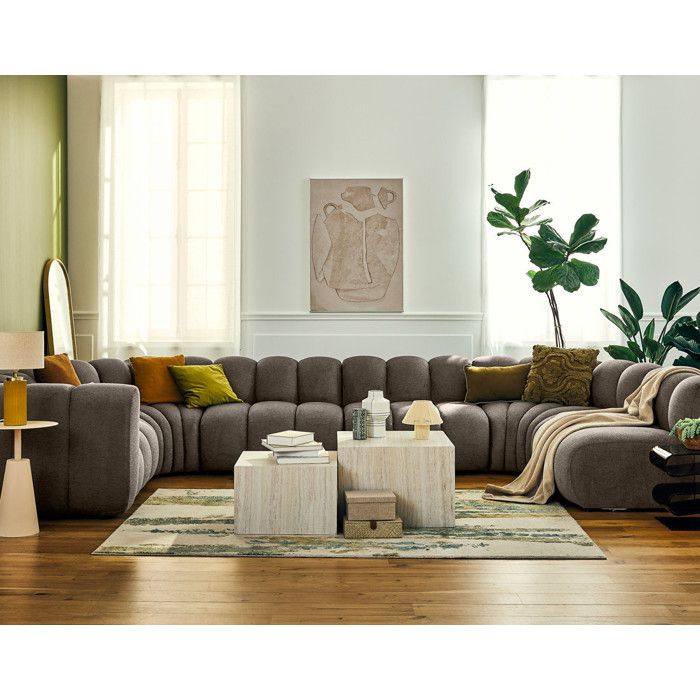 Debbie - canapé modulable panoramique dangle droit 7 places en tissu texturé - Taupe Debbie - canapé modulable panoramique dangle droit 7 places en tissu texturé - Taupe