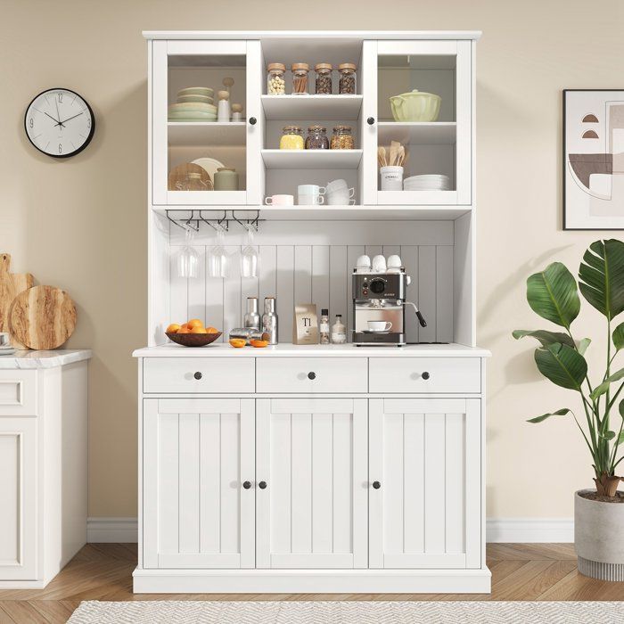 Armoire Vitrine de Cuisine et Salle à Manger - Vaisselle - Style Maison de Campagne - Pin Massif - 5 Portes - 3 Tiroirs - Blanc